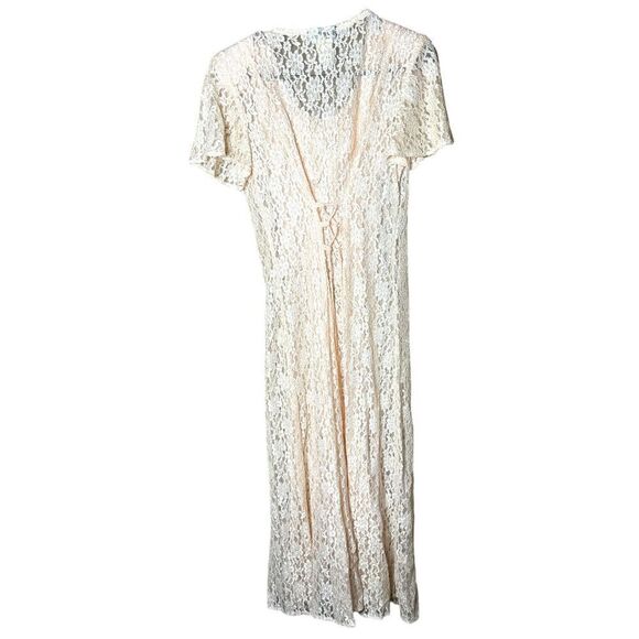Vintage Dawn Joy 80s/90s Light Pink Lace Coquette Cottagecore Lace Maxi Dress Si - Picture 11 of 15